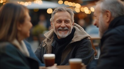 Happy senior people having breakfast sitting at coffee bar Group of older friends having fun in rooftop restaurant Life style concept with smiling men and women at cafe terrace : Generative AI