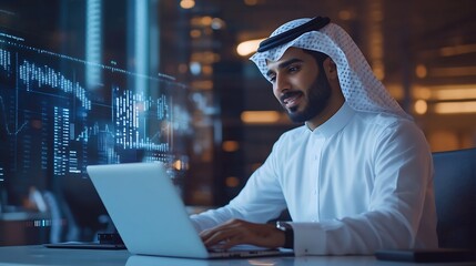 Smiling young professional arab manager working on a laptop in a modern office environment with futuristic holographic financial analysis graphics superimposed on the scene : Generative AI