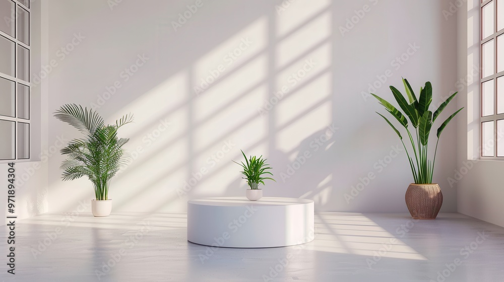 Canvas Prints Minimalist White Room with Plants and Sunlight