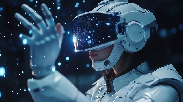 Astronaut in futuristic costume Girl in glasses of virtual reality while touching air Augmented reality game future technology AI concept Dark background : Generative AI - Powered by Adobe