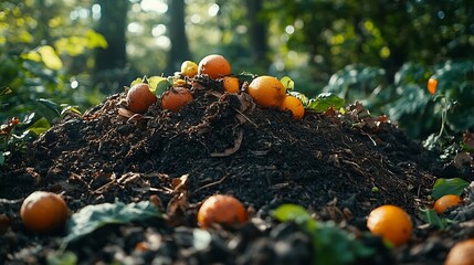 Compost pile in garden close up Bio waste vegetables fruits scraps background texture Zero waste composting concept : Generative AI