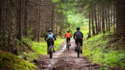 Fototapeta premium Three people are riding bikes down a dirt path in a forest