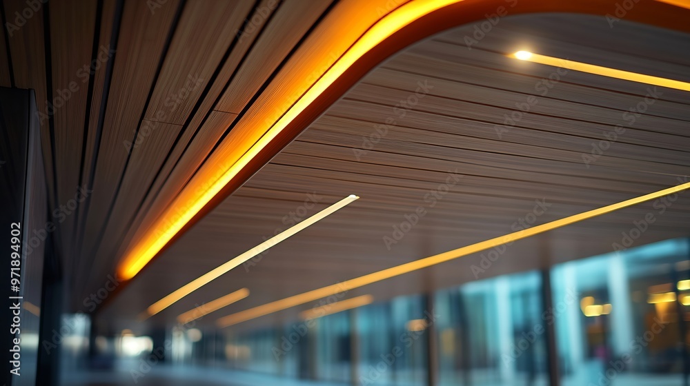 Aufkleber Wooden Laminate Abstract Ceiling Design Modern Interior Architecture Background Structure with LED Linear Light : Generative AI