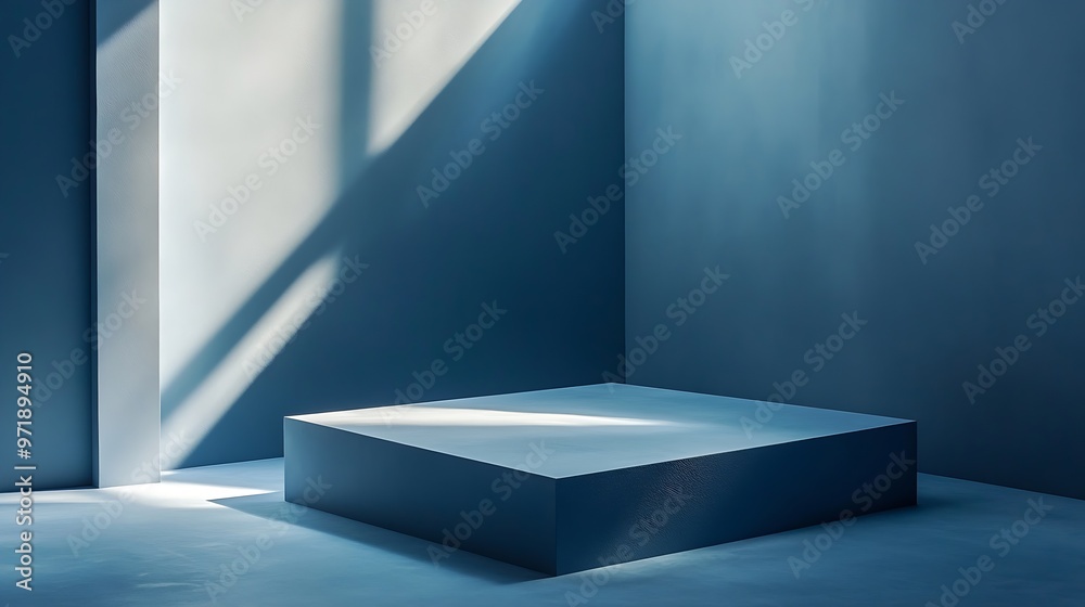 Fototapete Abstract geometry studio scene with shadow and light Blue background for luxury product display showroom mockup Minimal interior aesthetic with empty space geometric line square corner : Generative AI