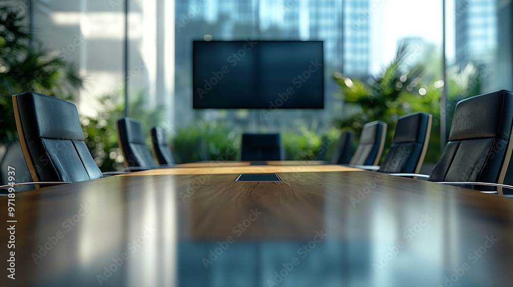 Poster new board room with table chairs and plasma display : generative ai