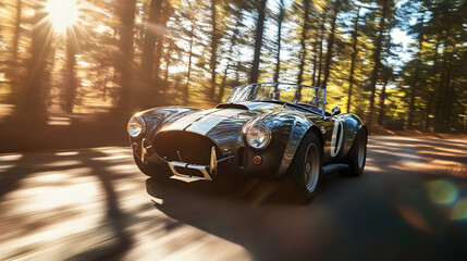 A 1960s Shelby Cobra race car speeding through a forested track with sunlight filtering through the trees and reflecting off the cars polished surface.