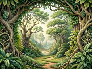 Naklejka premium Intricately detailed, hand-crafted engraved illustration of a serene forest, featuring intertwining vines, lush foliage, and majestic trees, set against a subtle, creamy background.