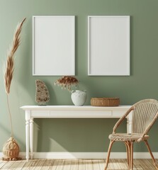 Minimalist interior design with two empty frames on a green wall, white table, wicker chair, and boho decor. Perfect mockup for showcasing artwork or prints.