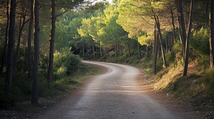 Fototapeta premium A road in the woods with trees on both sides