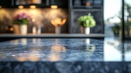 Marble table top with kitchen blurry loose focal background  Close up photo of contemporary kitchen island : Generative AI