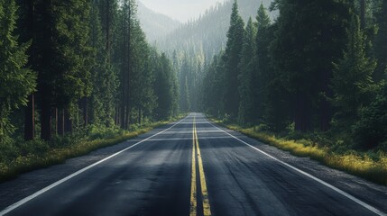 Fototapeta premium A road with trees on both sides and a yellow line