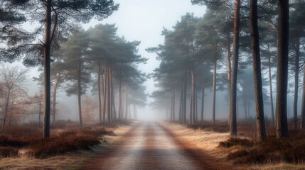 Obraz premium A foggy forest road with trees on both sides