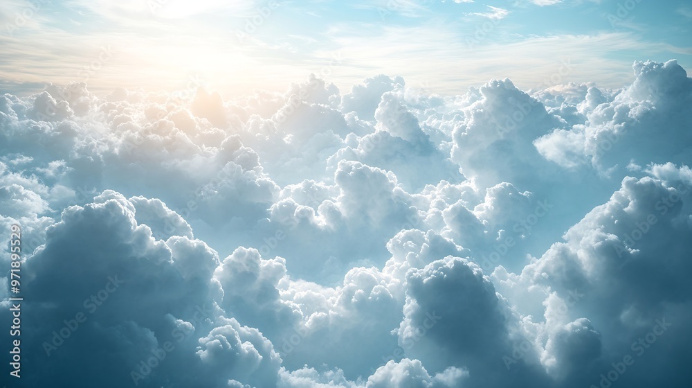 Poster white and grey cumulus clouds floating in sunny sky after storm with natural sunlight dramatic cloud