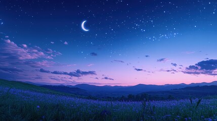 Fototapeta premium Tranquil Night Sky with Crescent Moon Over Calming Landscape - Serene and Magical Evening Scene