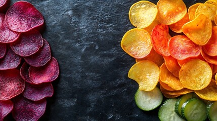 Crunchy colorful organic vegetable chips Mixed vegetable crisps Healthy snack Food background : Generative AI