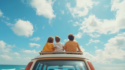 People enjoying road trip sitting down on back their car Parents and children traveling in holiday at sea beach family fun in summer vacation on beach blue sky Happy Family and World T : Generative AI