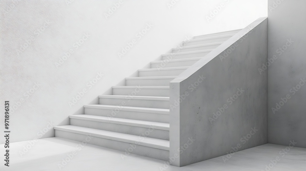 Aufkleber empty white concrete stairway with a handrail are near the wall abstract architecture background : g