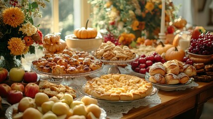 Fototapeta premium A festive display of desserts and fruits for a gathering, highlighting autumn's bounty.