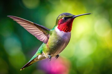 Fototapeta premium Iridescent ruby throat patch glimmers as a hummingbird beats its wings, suspended in mid-air, its slender body and long tail feathers a blur of motion.