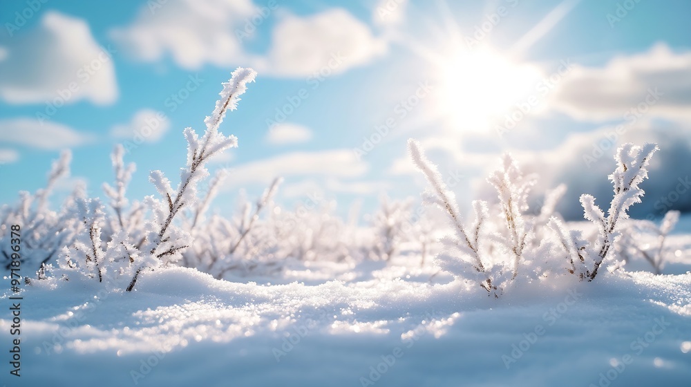 Aufkleber white snow in sun light on light blue frosty sky bright winter backdrop background with empty snowy 