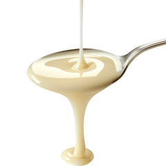 Condensed milk flowing down from spoon isolated on transparent white background, clipping path