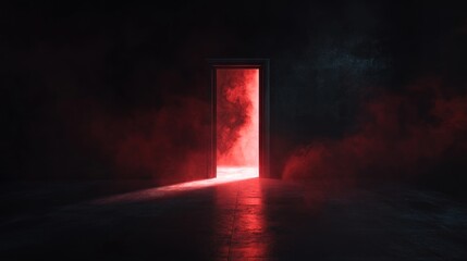 A dark room with an open door. Cinematic light shines through the gap. The walls on both sides emit faint red smoke from behind them, creating a mysterious and eerie atmosphere