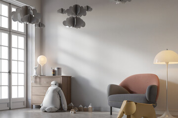 modern contemporary nursery room interior background. 3d rendering