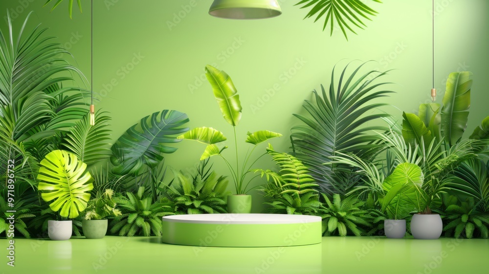 Canvas Prints Green Tropical Podium with Plants and Lamps