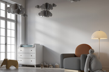 modern contemporary nursery room interior background. 3d rendering