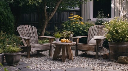 Obraz premium Cozy outdoor seating area with rustic wooden chairs and table patio furniture serene garden setting relaxation spot modern rustic decor : Generative AI