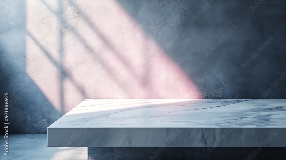Aufkleber Minimal White Marble Table Corner with Shadow and Pink Light Beam on Concrete Wall Background Suitable for Product Presentation Backdrop Display and Mock up : Generative AI
