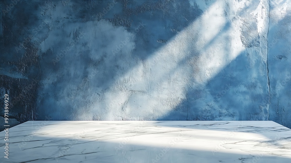 Aufkleber Minimal White Marble Table Corner with Light Beam Shadow and Spotlight on Blue Concrete Wall Background Suitable for Product Presentation Backdrop Display and Mock up : Generative AI