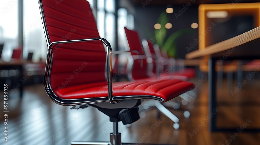 Poster stylish red office chairs and large wooden table in empty conference room : generative ai