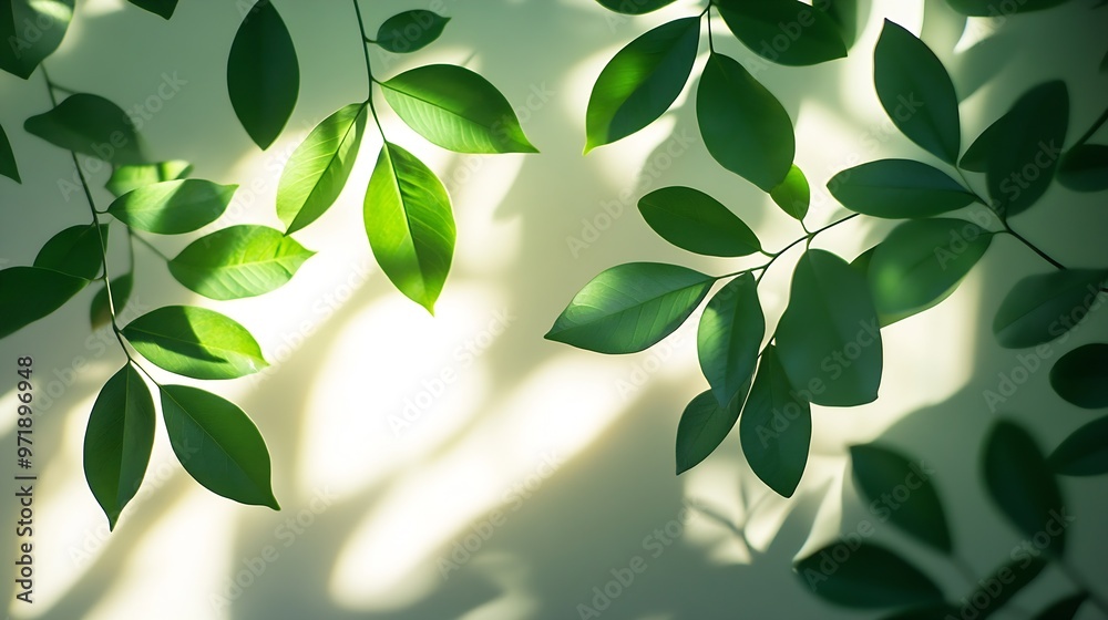 Fototapete Soft sunlight filters through tree leaves casting gentle shadows and creating an abstract pattern on a white background : Generative AI