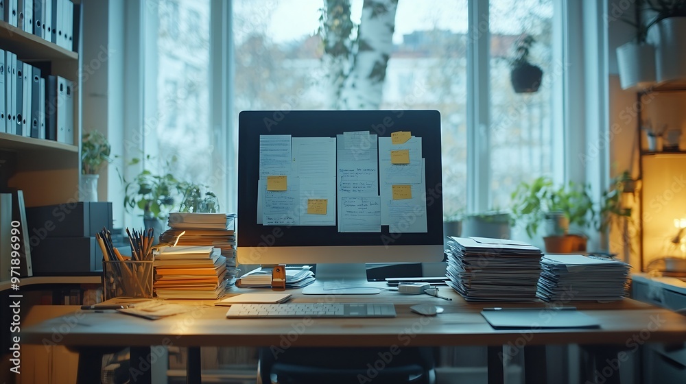 Leinwandbilder atmosphere inside office with desk workplace with no people computer monitor and some stack of document on the desk empty room but office equipment mockup : Generative AI