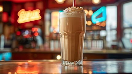 A classic egg cream soda in a tall glass, with a frothy top and a rich, creamy texture. The glass is set on a retro diner counter with a backdrop of neon lights, 