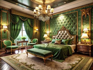 Luxurious green-gold bedroom with velvet curtains, ornate mirrors, and plush carpet, evoking opulence and serenity under a warm, golden lighting ambiance.