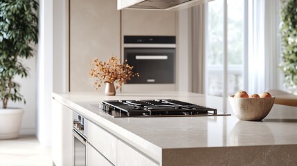 Kitchen with Silestone countertop with ceramic hob with extractor hood and appliances and cream colored tiles : Generative AI