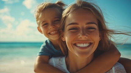 Love happy family and piggyback at a beach for summer fun care and bonding on vacation in nature Freedom support and kids with parents at sea for travel playing and back ride games in : Generative AI