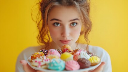 Hungry Young Woman Taking Sweets From Plate Fancy About Unhealthy Junk Food On Table Yellow Background With Free Space : Generative AI
