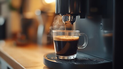 hand making Espresso Coffee by Coffee Maker Machine with Capsule of roasted coffee bean on wood table bar Daily beverage drink at Home Apartment and Office concept : Generative AI