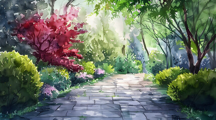 Fototapeta premium Pathways Backyard Watercolor