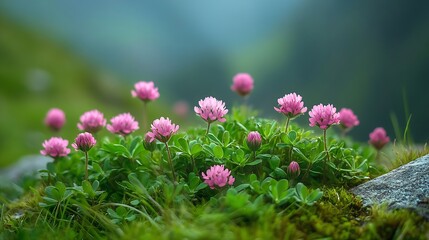 Obraz premium Clover flowers on the slope among the grass Alpine meadows close up : Generative AI