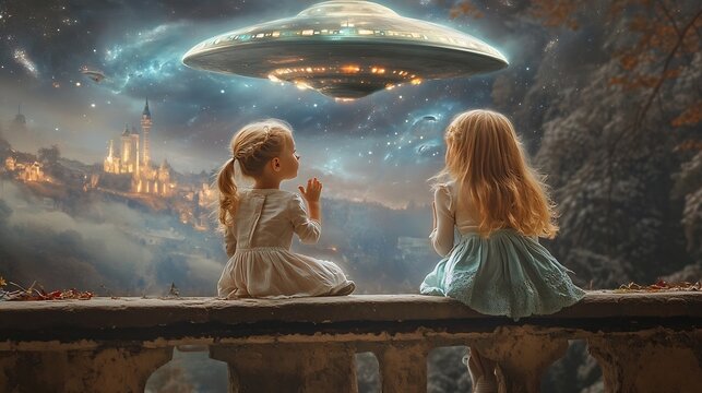 Beautiful little girls sitting on bridge and whispering secrets over flying UFOs Childhood dreams and fantasy Contemporary art collage Concept of surrealism travelling imagination retr : Generative AI