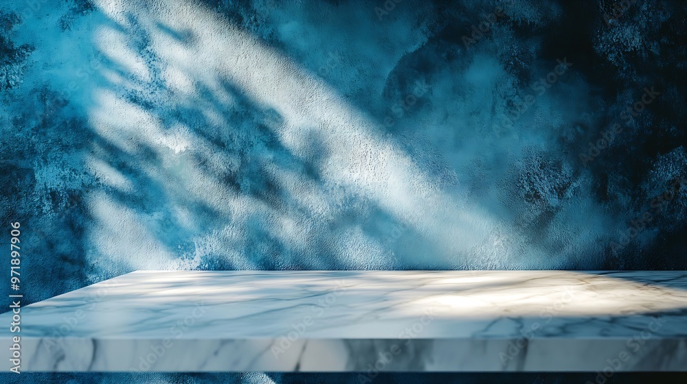 Aufkleber White Marble Table Corner with Light Beam Shadow and Spotlight on the Blue Concrete Wall Background Suitable for Product Presentation Backdrop Display and Mock up : Generative AI