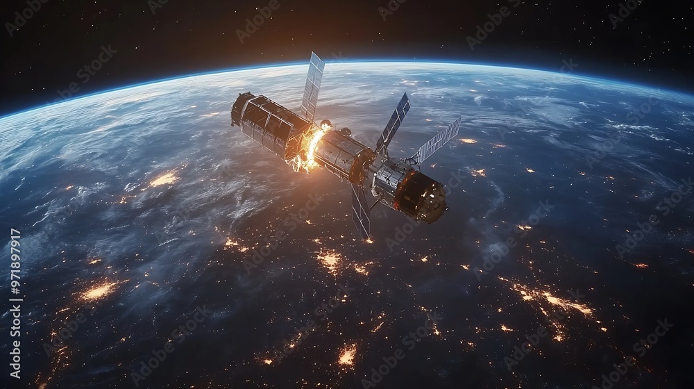 Aufkleber Telecommunication satellite providing global internet network and high speed data communication above Europe Satellite in space low Earth orbit Worldwide communication technology : Generative AI