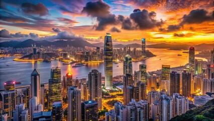 Obraz premium Magnificent urban panorama featuring sleek skyscrapers, vibrant neon lights, and bustling harbor against a warm sunset backdrop, showcasing Hong Kong's iconic metropolitan landscape.