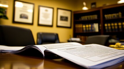 Fototapeta premium There are some important papers and regulations on the desk, and the atmosphere around is tense and focused. On the wall, you can see the relevant certifications and honor plaques of financial institu