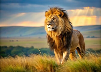 Majestic African lion regally surveys its savannah kingdom, powerful muscles rippling beneath tawny fur as it confidently rules over the grasslands and its fellow creatures.