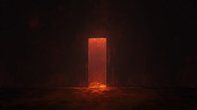 A dark room with an open door. Cinematic light shines through the gap. The walls on both sides emit faint red smoke from behind them, creating a mysterious and eerie atmosphere
